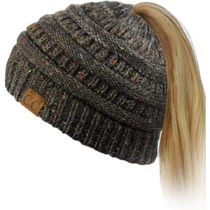 imageCC BeanieTail Soft Stretch Cable Knit Messy High Bun Ponytail Beanie HatConfetti Brown Mix