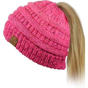 imageCC BeanieTail Soft Stretch Cable Knit Messy High Bun Ponytail Beanie HatConfetti Bubblegum Pink
