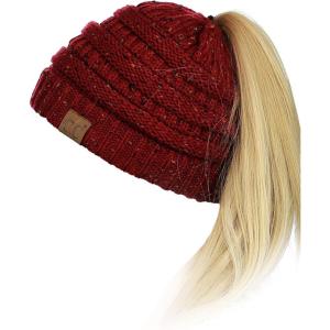 imageCC BeanieTail Soft Stretch Cable Knit Messy High Bun Ponytail Beanie HatConfetti Burgundy
