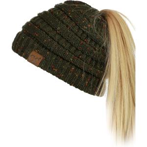 imageCC BeanieTail Soft Stretch Cable Knit Messy High Bun Ponytail Beanie HatConfetti Dark Olive