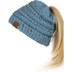 imageCC BeanieTail Soft Stretch Cable Knit Messy High Bun Ponytail Beanie HatConfetti Denim