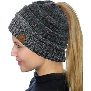 imageCC BeanieTail Soft Stretch Cable Knit Messy High Bun Ponytail Beanie HatConfetti Dk Melange Gray Mix