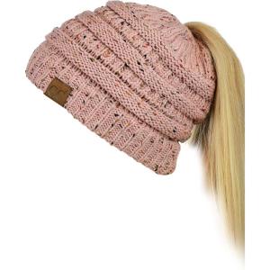 imageCC BeanieTail Soft Stretch Cable Knit Messy High Bun Ponytail Beanie HatConfetti Indi Pink