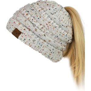 imageCC BeanieTail Soft Stretch Cable Knit Messy High Bun Ponytail Beanie HatConfetti Ivory