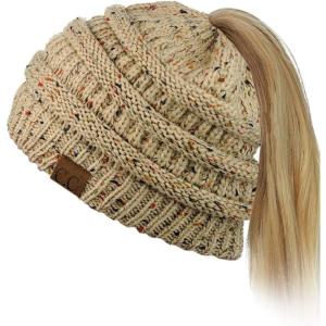imageCC BeanieTail Soft Stretch Cable Knit Messy High Bun Ponytail Beanie HatConfetti Latte