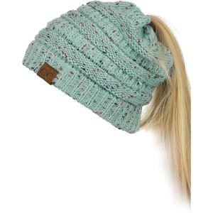 imageCC BeanieTail Soft Stretch Cable Knit Messy High Bun Ponytail Beanie HatConfetti Mint
