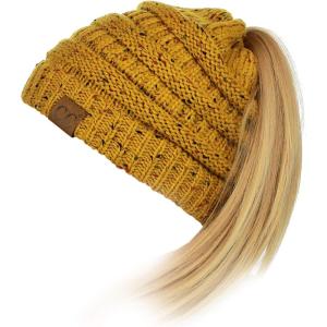 imageCC BeanieTail Soft Stretch Cable Knit Messy High Bun Ponytail Beanie HatConfetti Mustard