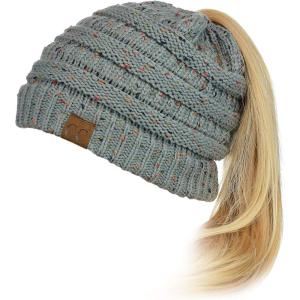 imageCC BeanieTail Soft Stretch Cable Knit Messy High Bun Ponytail Beanie HatConfetti Natural Gray