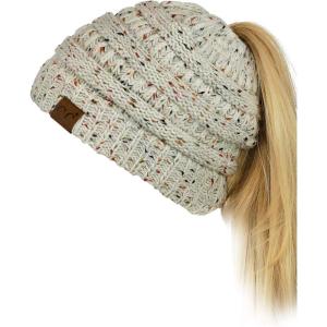 imageCC BeanieTail Soft Stretch Cable Knit Messy High Bun Ponytail Beanie HatConfetti Oatmeal