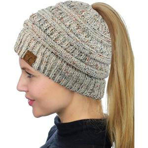 imageCC BeanieTail Soft Stretch Cable Knit Messy High Bun Ponytail Beanie HatConfetti Oatmeal Mix