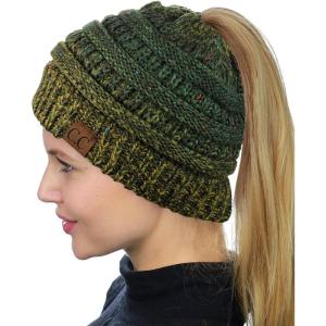imageCC BeanieTail Soft Stretch Cable Knit Messy High Bun Ponytail Beanie HatConfetti Ombre Olive