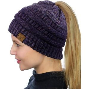 imageCC BeanieTail Soft Stretch Cable Knit Messy High Bun Ponytail Beanie HatConfetti Purple Mix