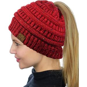 imageCC BeanieTail Soft Stretch Cable Knit Messy High Bun Ponytail Beanie HatConfetti Red Mix