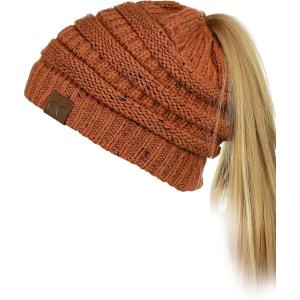 imageCC BeanieTail Soft Stretch Cable Knit Messy High Bun Ponytail Beanie HatConfetti Rust