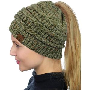 imageCC BeanieTail Soft Stretch Cable Knit Messy High Bun Ponytail Beanie HatConfetti Sage Mix
