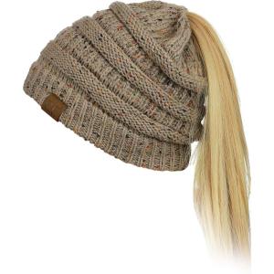 imageCC BeanieTail Soft Stretch Cable Knit Messy High Bun Ponytail Beanie HatConfetti Taupe
