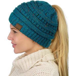 imageCC BeanieTail Soft Stretch Cable Knit Messy High Bun Ponytail Beanie HatConfetti Teal