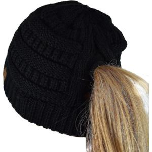 imageCC BeanieTail Soft Stretch Cable Knit Messy High Bun Ponytail Beanie HatCriss Cross Black