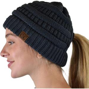 imageCC BeanieTail Soft Stretch Cable Knit Messy High Bun Ponytail Beanie HatCriss Cross Dark Melange Gray