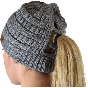 imageCC BeanieTail Soft Stretch Cable Knit Messy High Bun Ponytail Beanie HatCriss Cross Light Melange Gray