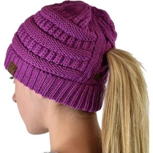 imageCC BeanieTail Soft Stretch Cable Knit Messy High Bun Ponytail Beanie HatCriss Cross Magenta Purple