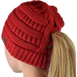 imageCC BeanieTail Soft Stretch Cable Knit Messy High Bun Ponytail Beanie HatCriss Cross Red