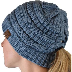 imageCC BeanieTail Soft Stretch Cable Knit Messy High Bun Ponytail Beanie HatCriss Cross Steel Blue