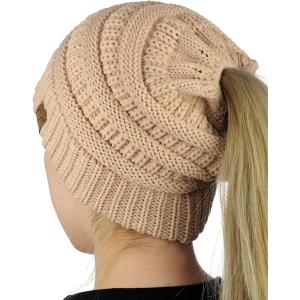 imageCC BeanieTail Soft Stretch Cable Knit Messy High Bun Ponytail Beanie HatDark Beige