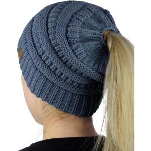 imageCC BeanieTail Soft Stretch Cable Knit Messy High Bun Ponytail Beanie HatDark Denim