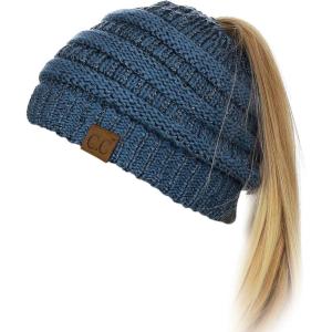 imageCC BeanieTail Soft Stretch Cable Knit Messy High Bun Ponytail Beanie HatDark Denim Metallic