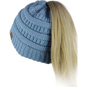imageCC BeanieTail Soft Stretch Cable Knit Messy High Bun Ponytail Beanie HatDenim