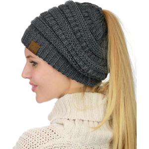 imageCC BeanieTail Soft Stretch Cable Knit Messy High Bun Ponytail Beanie HatDk Melange Gray Metallic