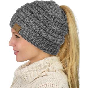 imageCC BeanieTail Soft Stretch Cable Knit Messy High Bun Ponytail Beanie HatGrayLight Gray Mix