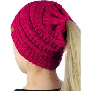 imageCC BeanieTail Soft Stretch Cable Knit Messy High Bun Ponytail Beanie HatHot Pink