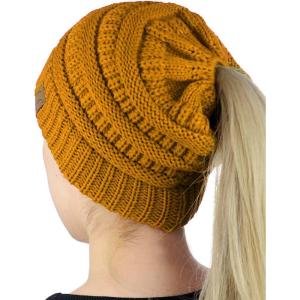 imageCC BeanieTail Soft Stretch Cable Knit Messy High Bun Ponytail Beanie HatMustard
