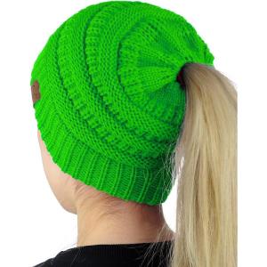 imageCC BeanieTail Soft Stretch Cable Knit Messy High Bun Ponytail Beanie HatNeon Lime