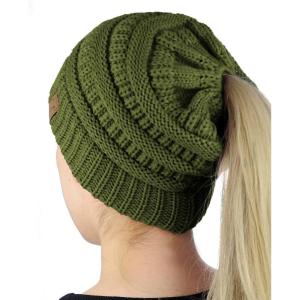 imageCC BeanieTail Soft Stretch Cable Knit Messy High Bun Ponytail Beanie HatOlive