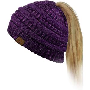 imageCC BeanieTail Soft Stretch Cable Knit Messy High Bun Ponytail Beanie HatPurple Metallic