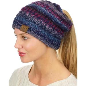 imageCC BeanieTail Soft Stretch Cable Knit Messy High Bun Ponytail Beanie HatPurple Tribal Blend
