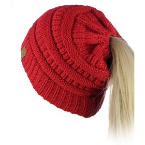 imageCC BeanieTail Soft Stretch Cable Knit Messy High Bun Ponytail Beanie HatRed