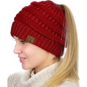 imageCC BeanieTail Soft Stretch Cable Knit Messy High Bun Ponytail Beanie HatRed Metallic