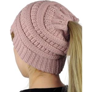 imageCC BeanieTail Soft Stretch Cable Knit Messy High Bun Ponytail Beanie HatRose