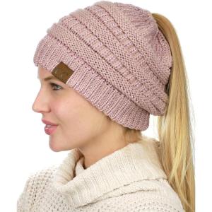 imageCC BeanieTail Soft Stretch Cable Knit Messy High Bun Ponytail Beanie HatRose Metallic
