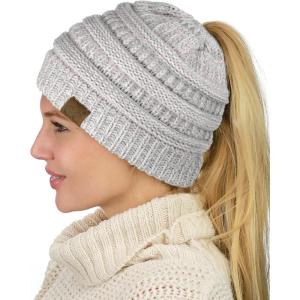 imageCC BeanieTail Soft Stretch Cable Knit Messy High Bun Ponytail Beanie HatRose Mix