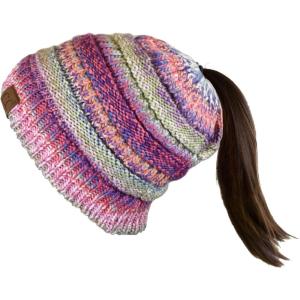 imageCC BeanieTail Soft Stretch Cable Knit Messy High Bun Ponytail Beanie HatRose Tribal Blend