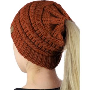 imageCC BeanieTail Soft Stretch Cable Knit Messy High Bun Ponytail Beanie HatRust