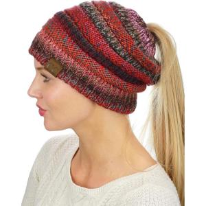 imageCC BeanieTail Soft Stretch Cable Knit Messy High Bun Ponytail Beanie HatRust Tribal Blend