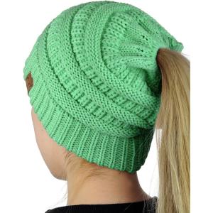 imageCC BeanieTail Soft Stretch Cable Knit Messy High Bun Ponytail Beanie HatSage