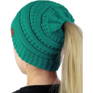 imageCC BeanieTail Soft Stretch Cable Knit Messy High Bun Ponytail Beanie HatSeagreen