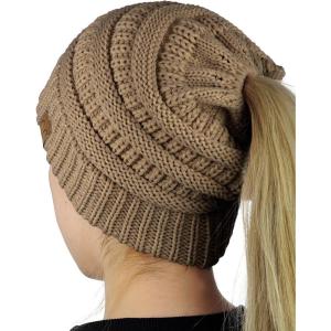 imageCC BeanieTail Soft Stretch Cable Knit Messy High Bun Ponytail Beanie HatTaupe